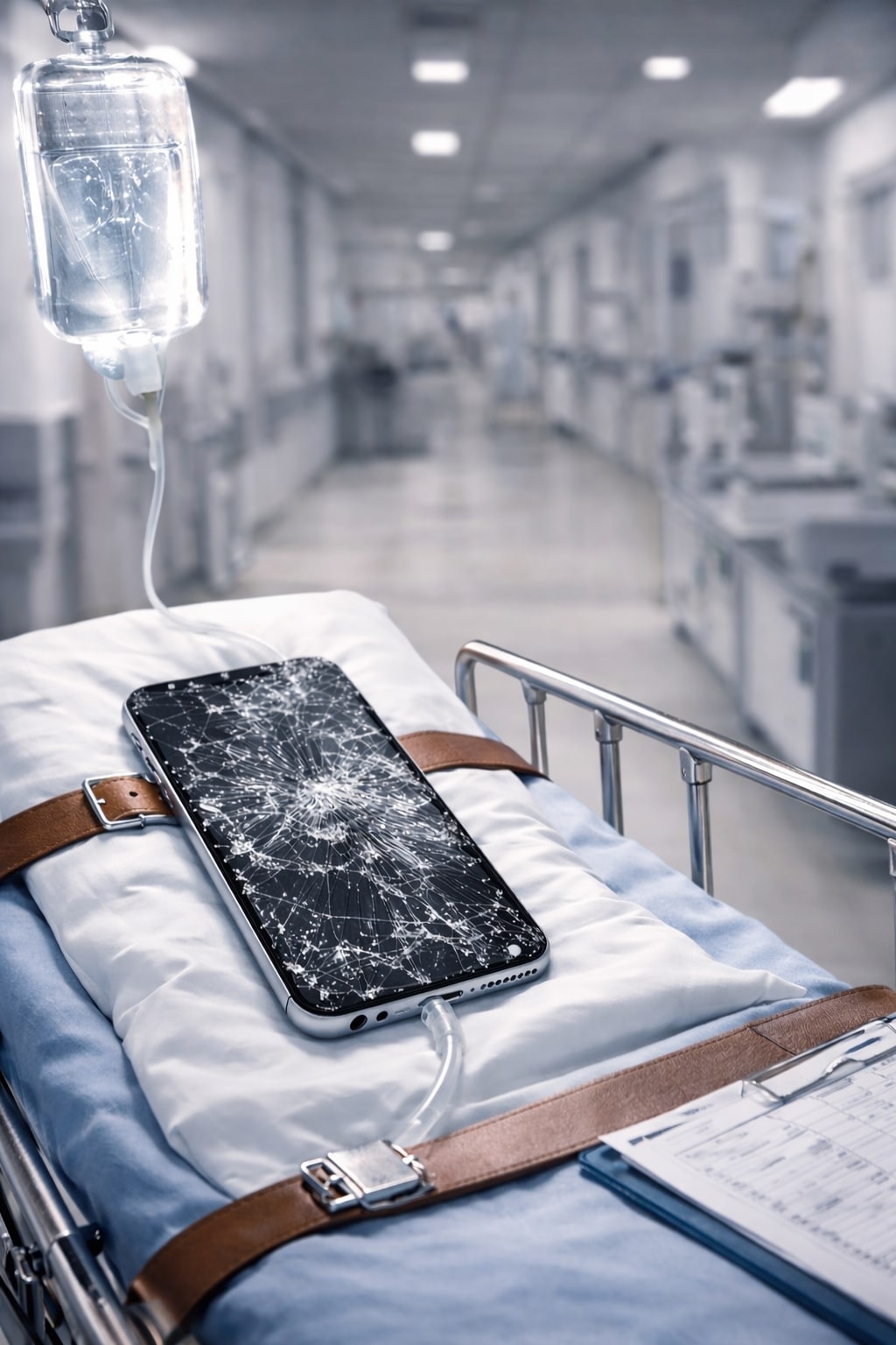 Broken phone on gurney with IV theme